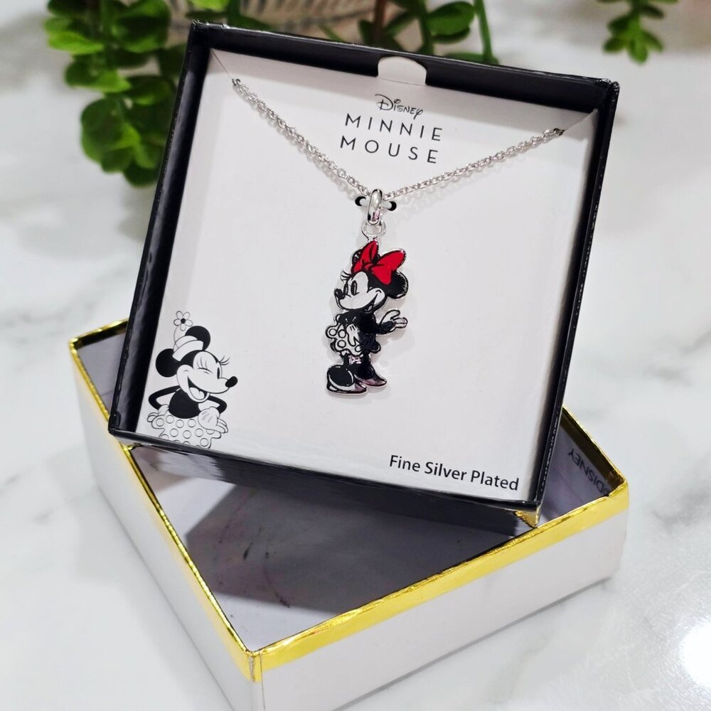 Disney Minnie Mouse Fine Silver Plated Red Bow Pendant Charm Necklace NWT - Picture 2 of 7